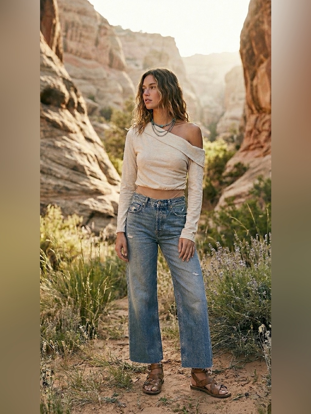 Off-Shoulder Cream and Tan Bodysuit